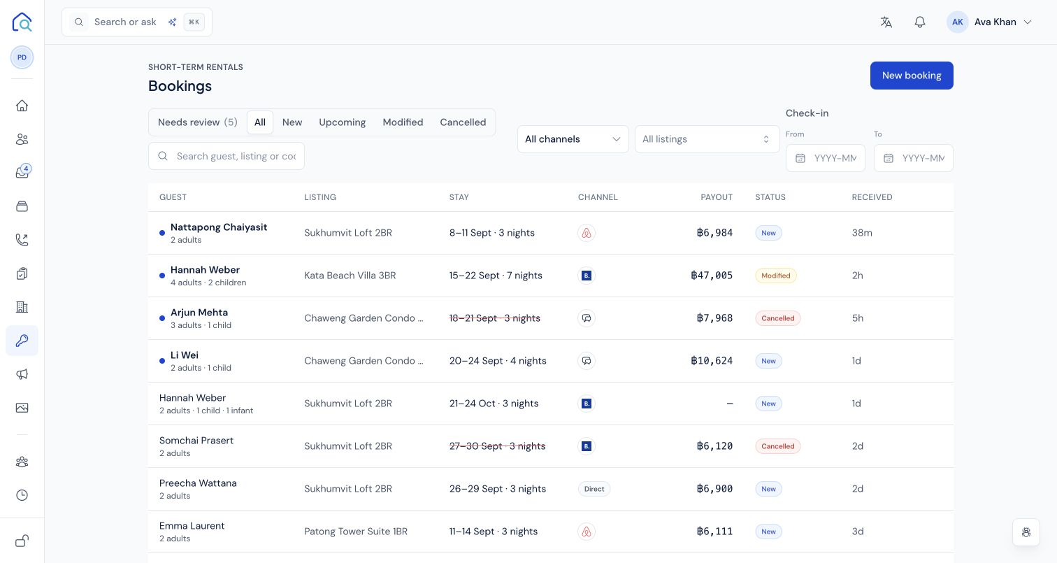 Propool bookings list showing guests, channels, payouts and status